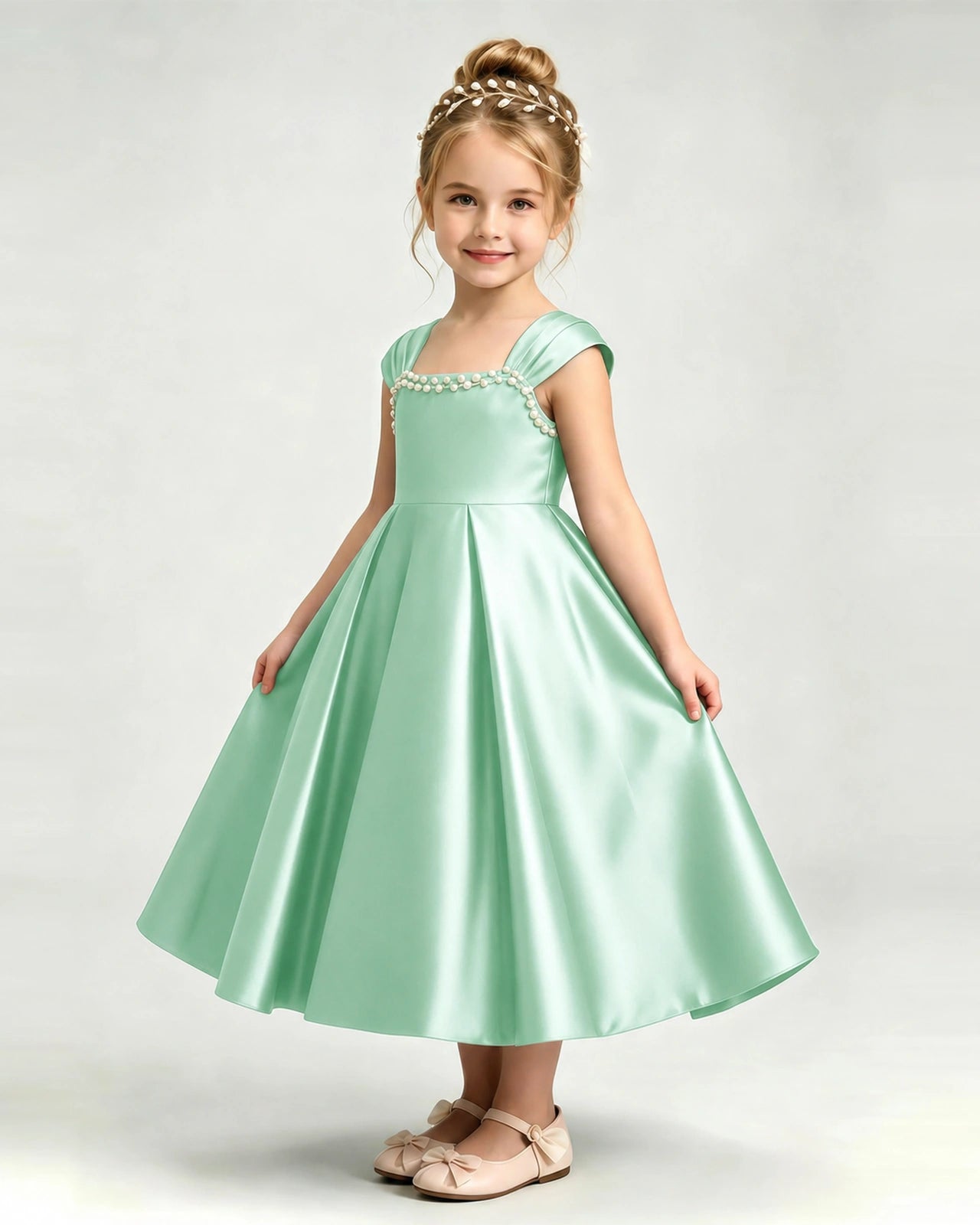 Dideyttawl Champagne Girls Formal Dress Cap Sleeve Pearl Satin Midi Ball Gown