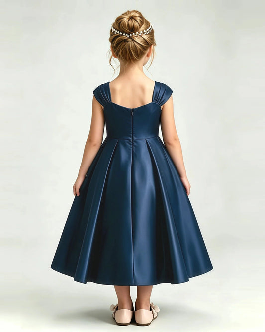 Navy Blue Satin A-line Girls Formal Dress Back View
