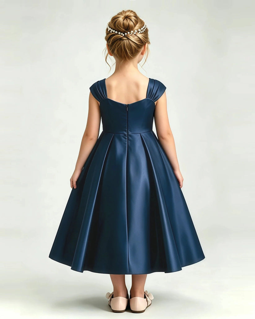 Navy Blue Satin A-line Girls Formal Dress Back View