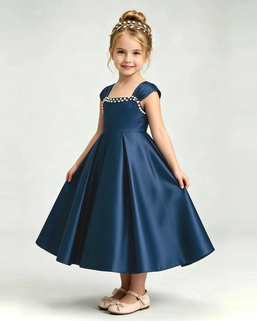 Navy Blue Satin A-line Girls Formal Dress Front View