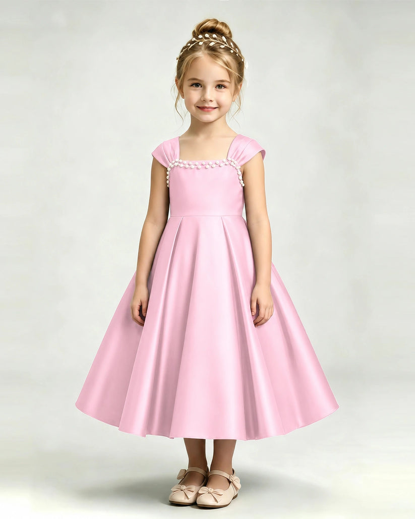 Pink Satin A-line Girls Formal Dress Front View