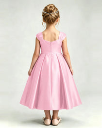 Dideyttawl Champagne Girls Formal Dress Cap Sleeve Pearl Satin Midi Ball Gown