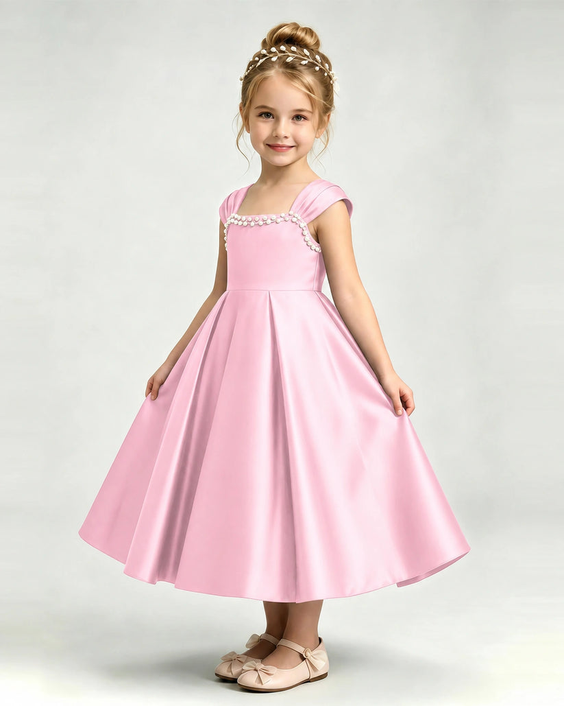 Pink Satin A-line Girls Formal Dress Front View