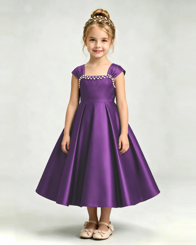Purple Satin A-line Girls Formal Dress Front View