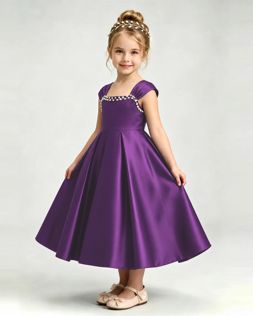 Purple Satin A-line Girls Formal Dress Front View