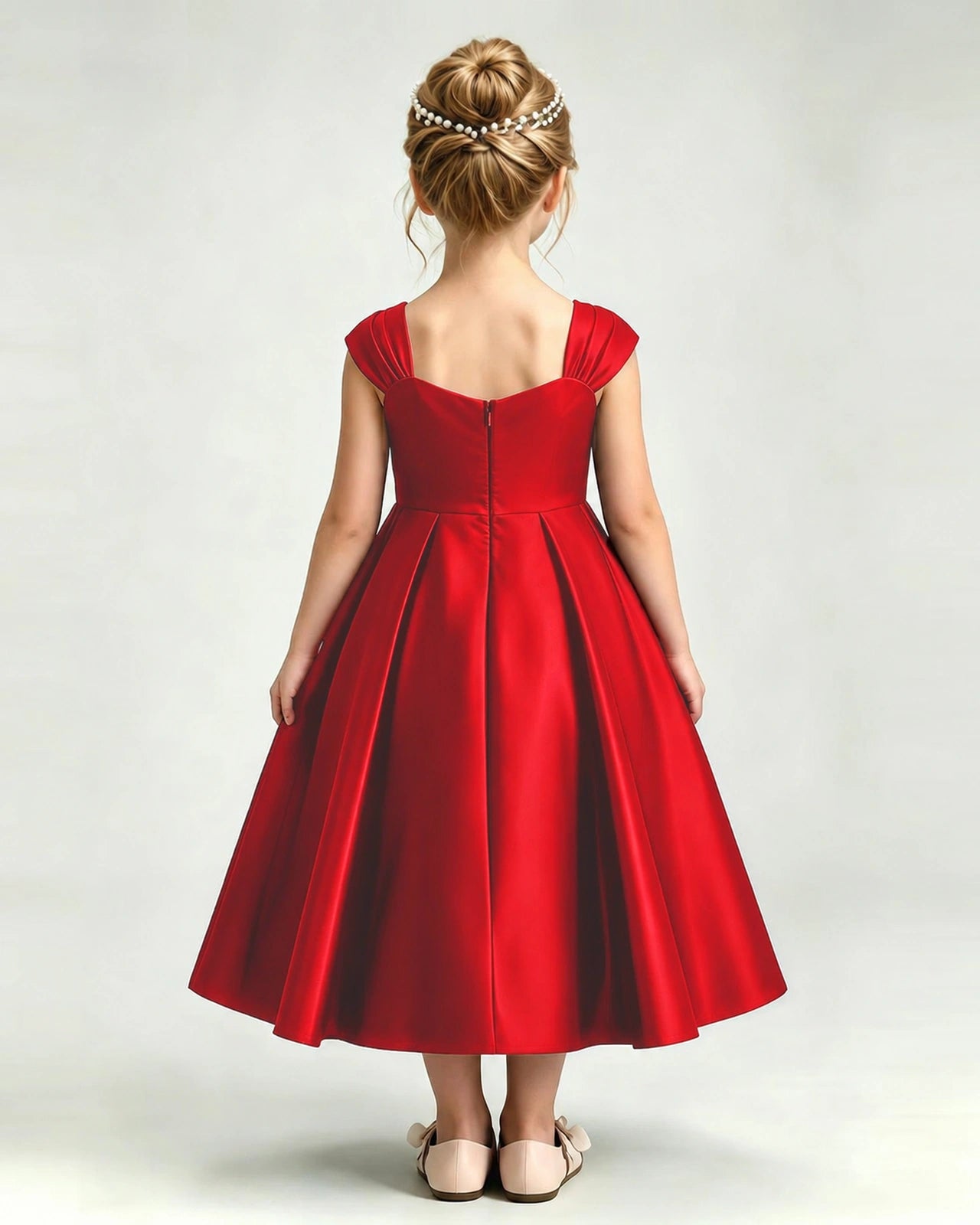 Dideyttawl Champagne Girls Formal Dress Cap Sleeve Pearl Satin Midi Ball Gown