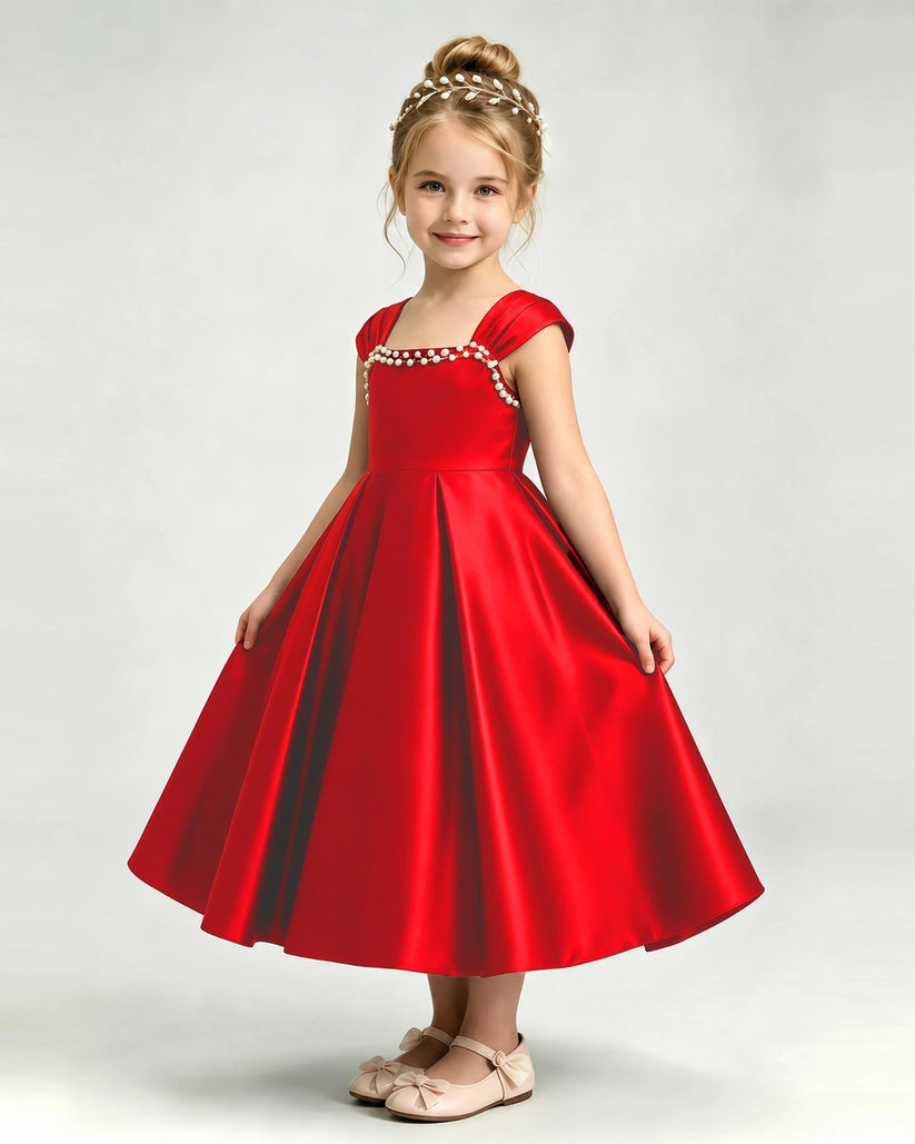 Red Satin A-line Girls Formal Dress Front View