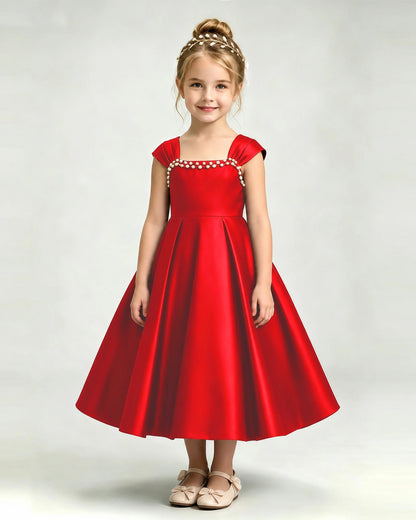 Dideyttawl Champagne Flower Girl Dress | Cap Sleeve Pearl Satin Midi Ball Gown