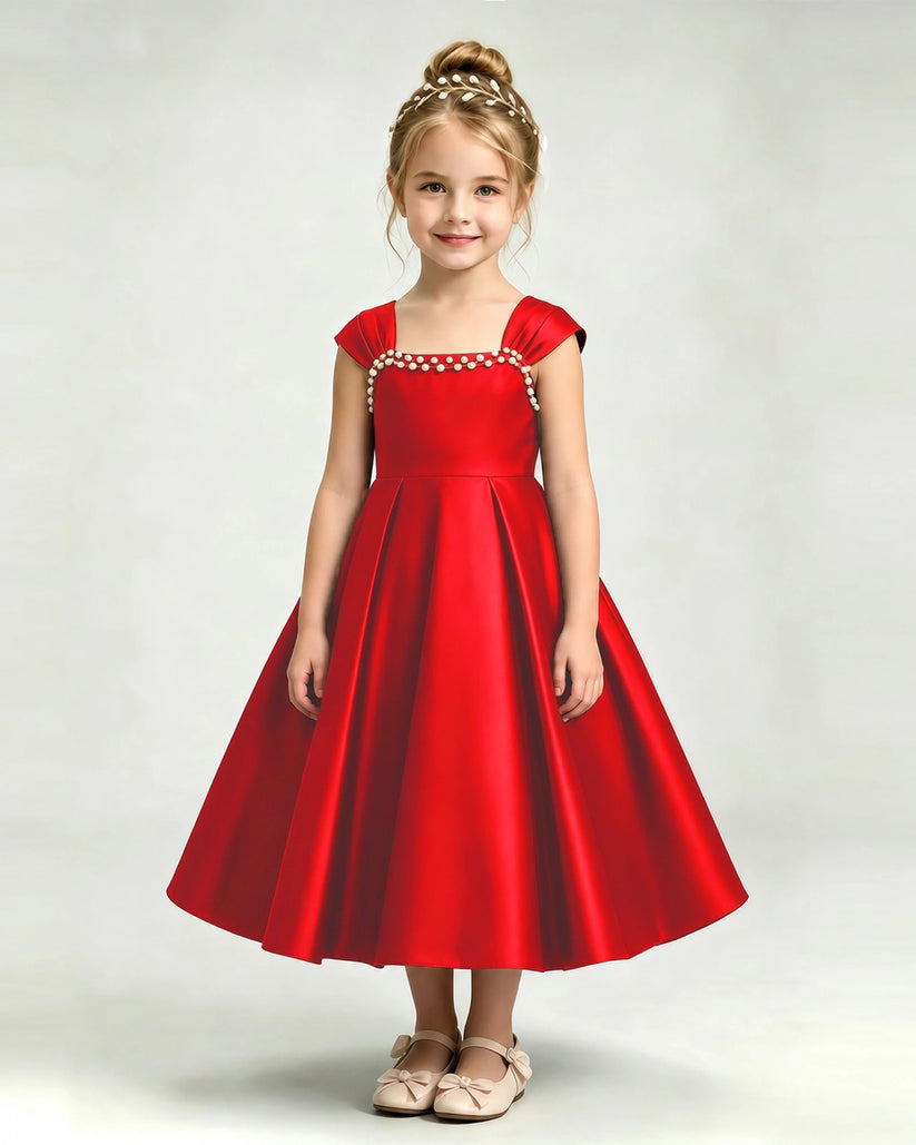 Red Satin A-line Girls Formal Dress Front View