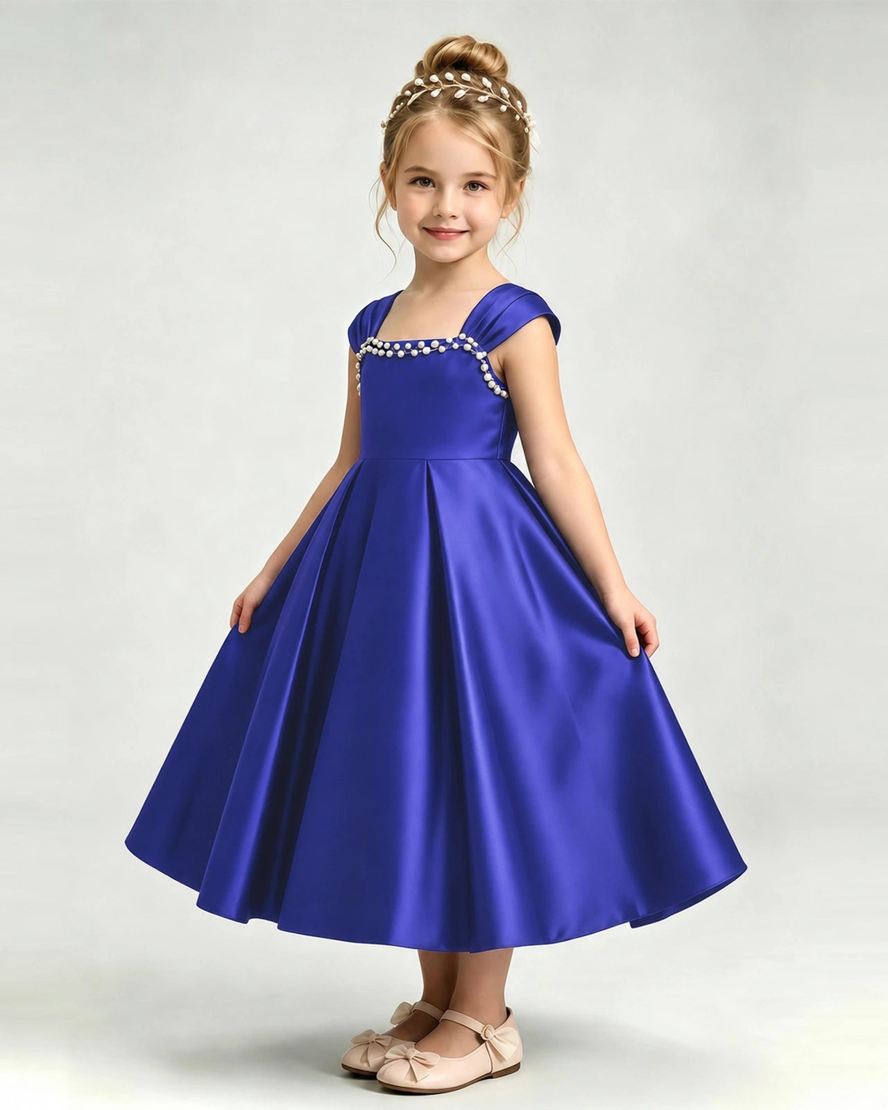 Dideyttawl Champagne Flower Girl Dress | Cap Sleeve Pearl Satin Midi Ball Gown