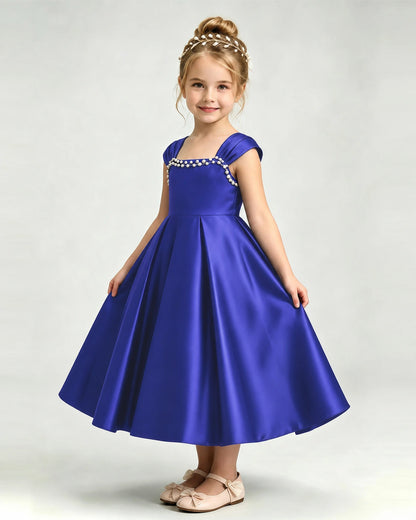 Dideyttawl Champagne Flower Girl Dress | Cap Sleeve Pearl Satin Midi Ball Gown
