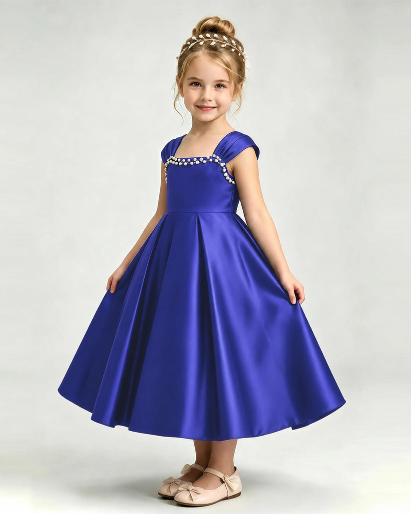 Royal Blue Satin A-line Girls Formal Dress Front View