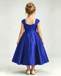 Dideyttawl Champagne Girls Formal Dress Cap Sleeve Pearl Satin Midi Ball Gown