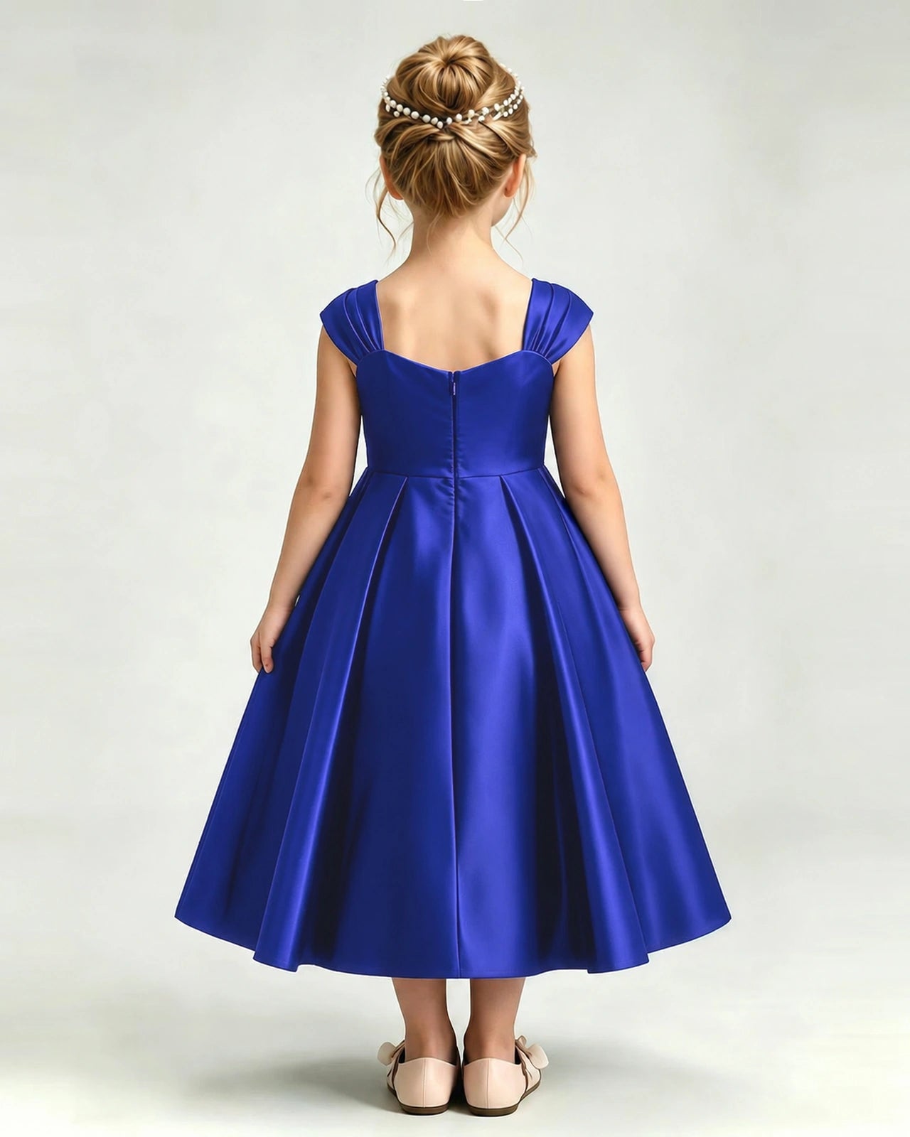 Dideyttawl Champagne Girls Formal Dress Cap Sleeve Pearl Satin Midi Ball Gown