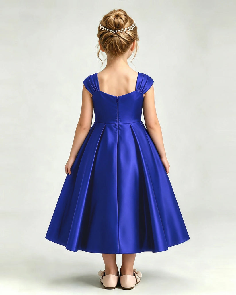 Royal Blue Satin A-line Girls Formal Dress Back View