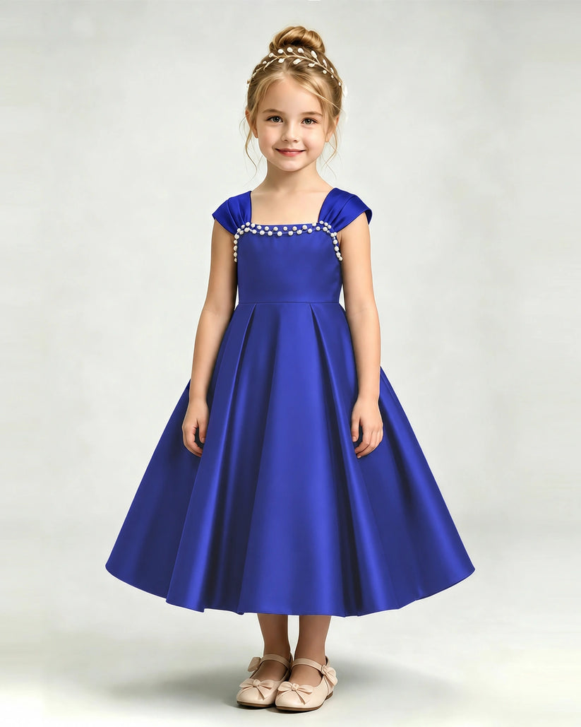 Royal Blue Satin A-line Girls Formal Dress Front View