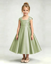 Dideyttawl Champagne Girls Formal Dress Cap Sleeve Pearl Satin Midi Ball Gown