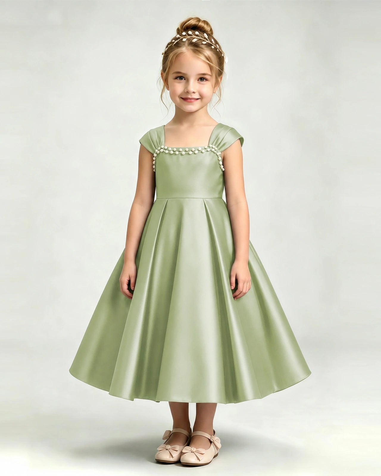 Dideyttawl Champagne Girls Formal Dress Cap Sleeve Pearl Satin Midi Ball Gown