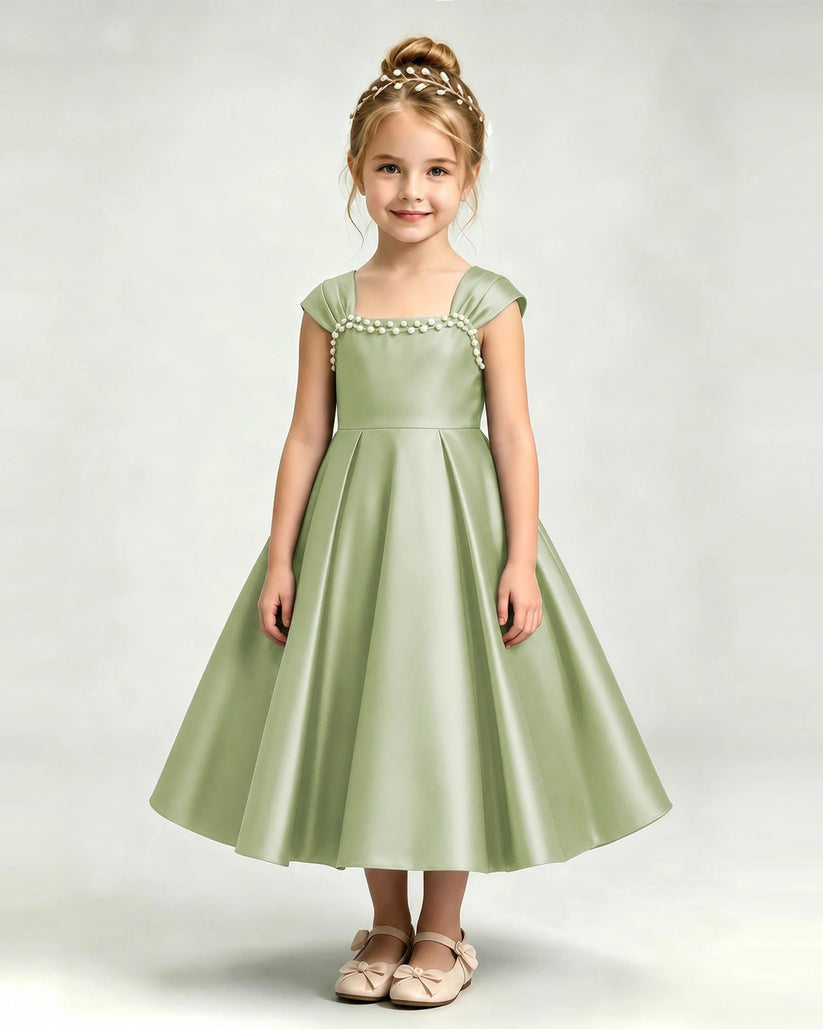 Sage Green Satin A-line Girls Formal Dress Front View