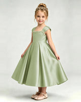 Sage Green Satin A-line Girls Formal Dress Front View