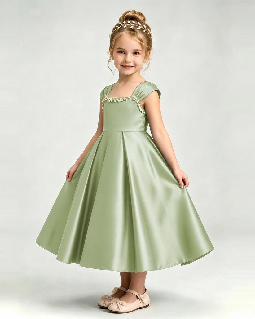 Sage Green Satin A-line Girls Formal Dress Front View