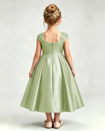 Dideyttawl Champagne Girls Formal Dress Cap Sleeve Pearl Satin Midi Ball Gown