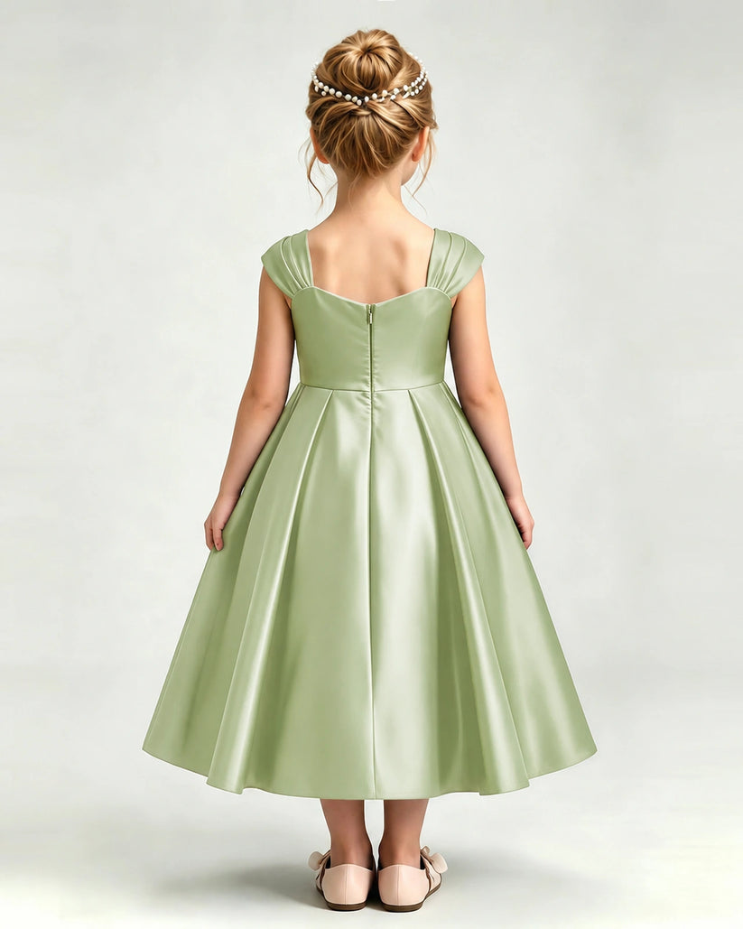 Sage Green Satin A-line Girls Formal Dress Back View