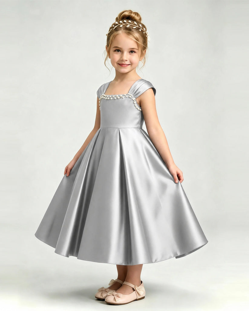 Silver Satin A-line Girls Formal Dress Front View