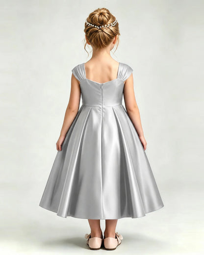 Dideyttawl Champagne Flower Girl Dress | Cap Sleeve Pearl Satin Midi Ball Gown