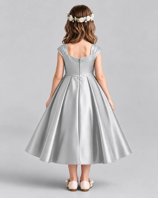 Silver Satin A-line Girls Formal Dress Back View