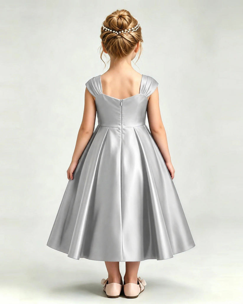 Silver Satin A-line Girls Formal Dress Back View