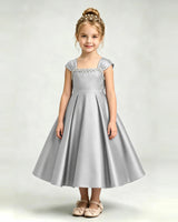 Silver Satin A-line Girls Formal Dress Front View