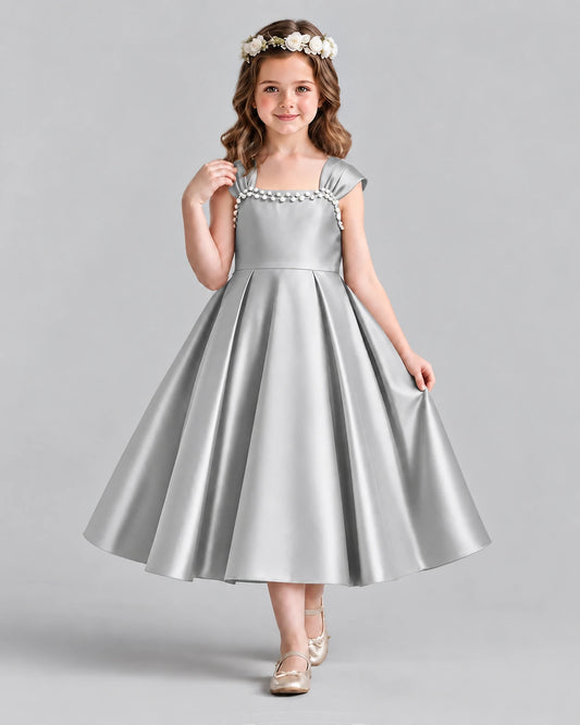 Silver Satin A-line Girls Formal Dress Front View