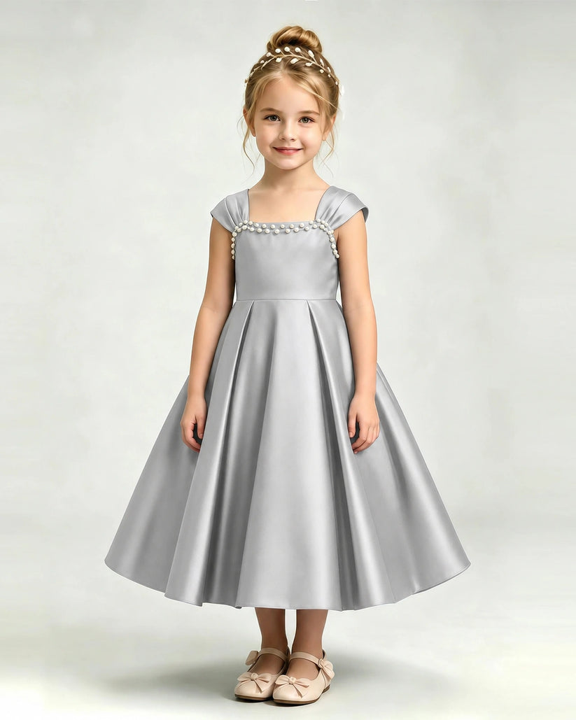 Silver Satin A-line Girls Formal Dress Front View