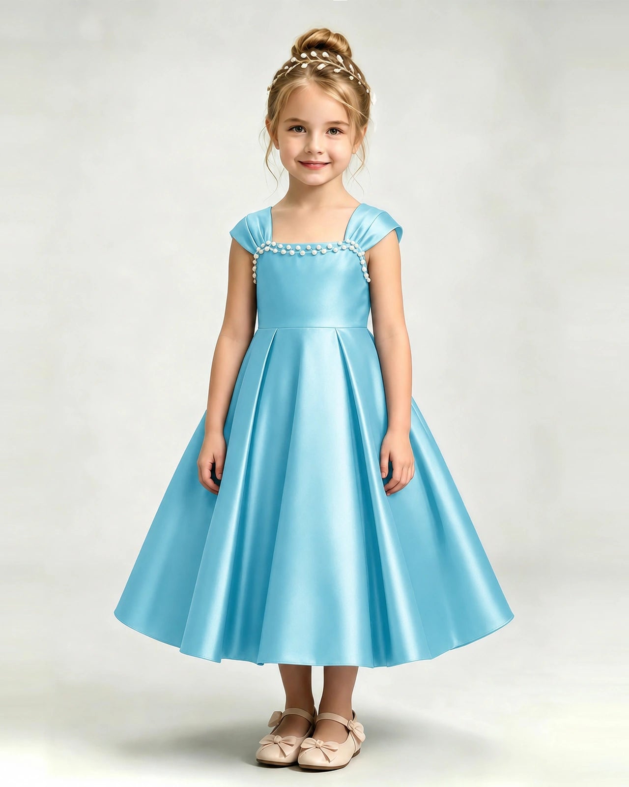 Dideyttawl Satin Formal Dress for Girls with Beaded Square Neckline, Baby Blue / 10