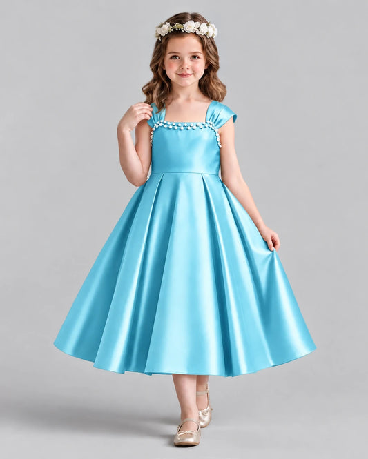Sky Blue Satin A-line Girls Formal Dress Front View