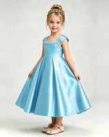 Sky Blue Satin A-line Girls Formal Dress Front View
