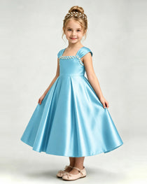 Dideyttawl Champagne Girls Formal Dress Cap Sleeve Pearl Satin Midi Ball Gown
