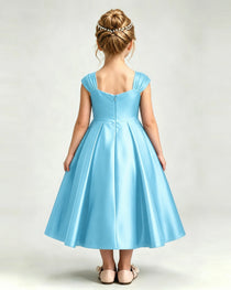 Dideyttawl Champagne Girls Formal Dress Cap Sleeve Pearl Satin Midi Ball Gown