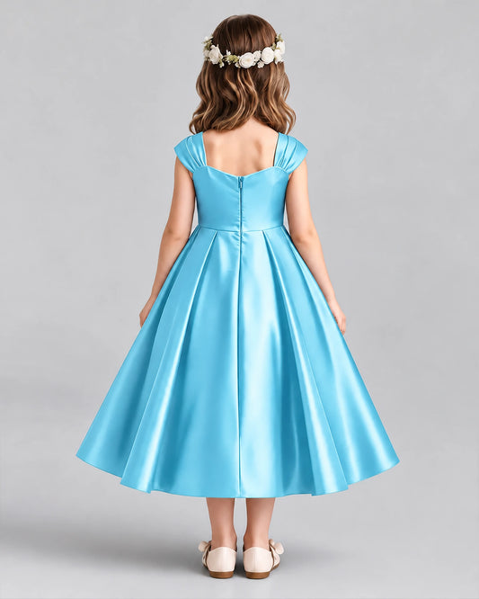 Sky Blue Satin A-line Girls Formal Dress Back View