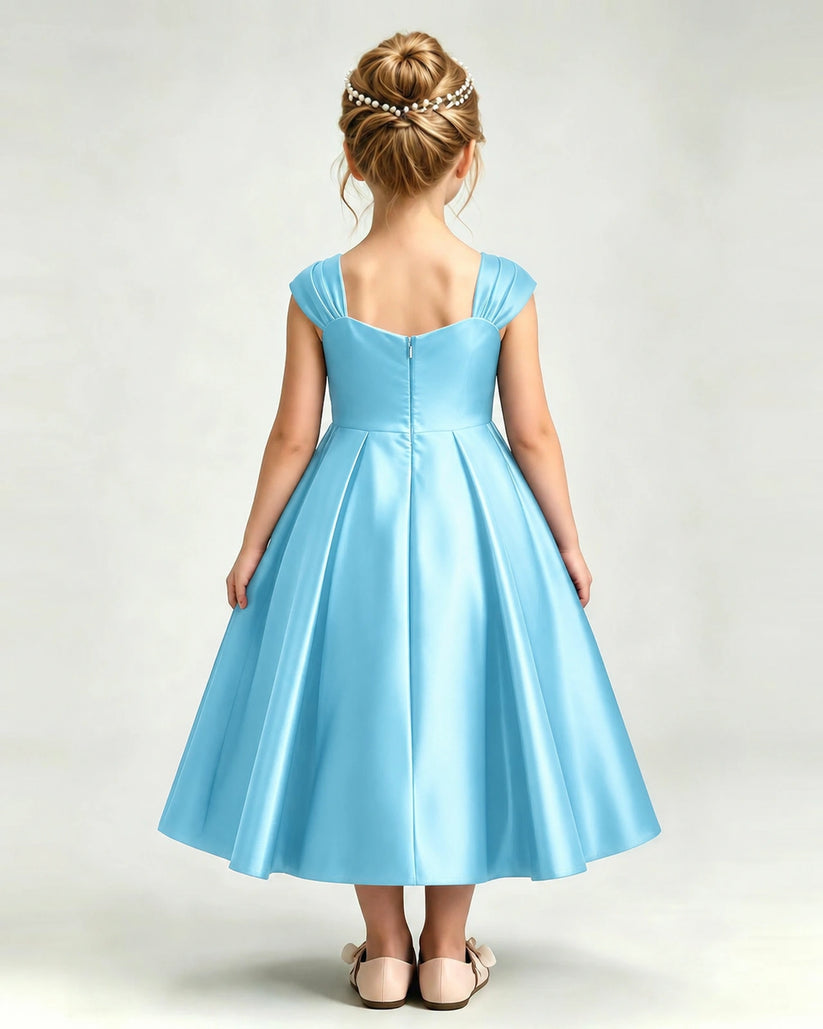 Sky Blue Satin A-line Girls Formal Dress Back View