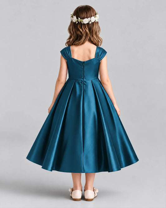 Teal Satin A-line Girls Formal Dress Back View