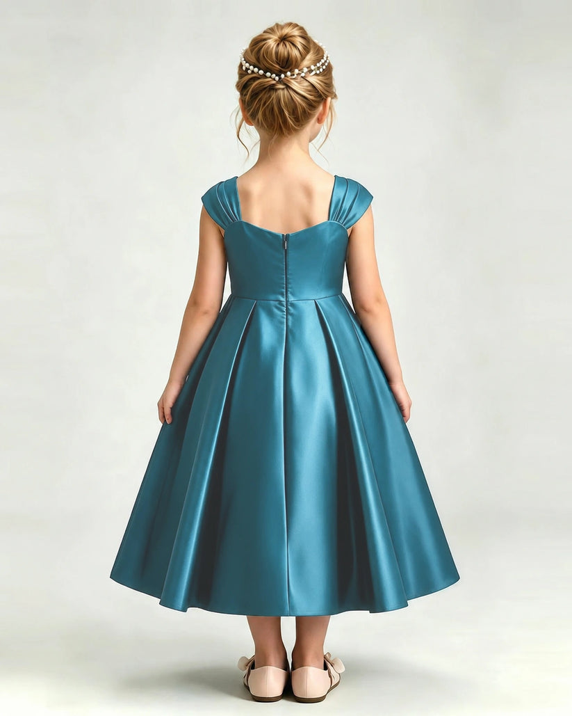 Teal Satin A-line Girls Formal Dress Back View