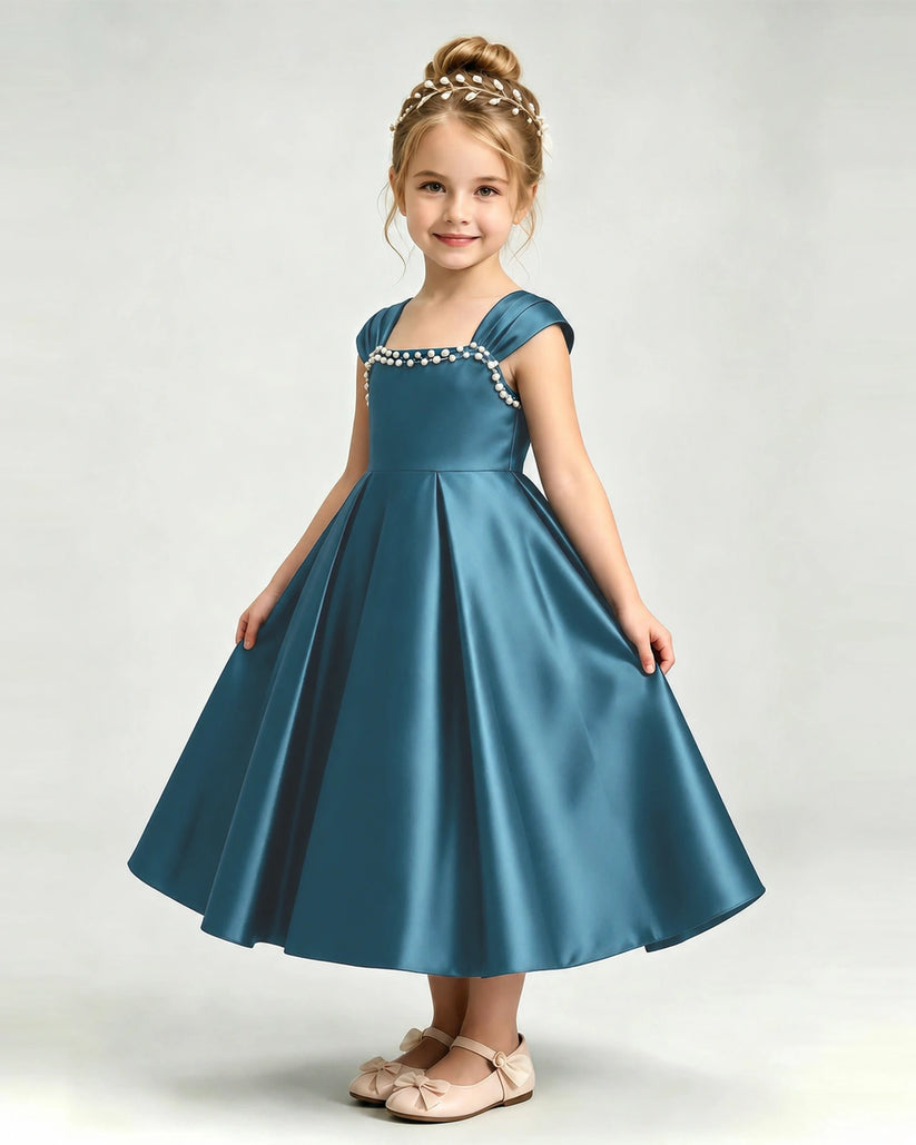 Teal Satin A-line Girls Formal Dress Front View