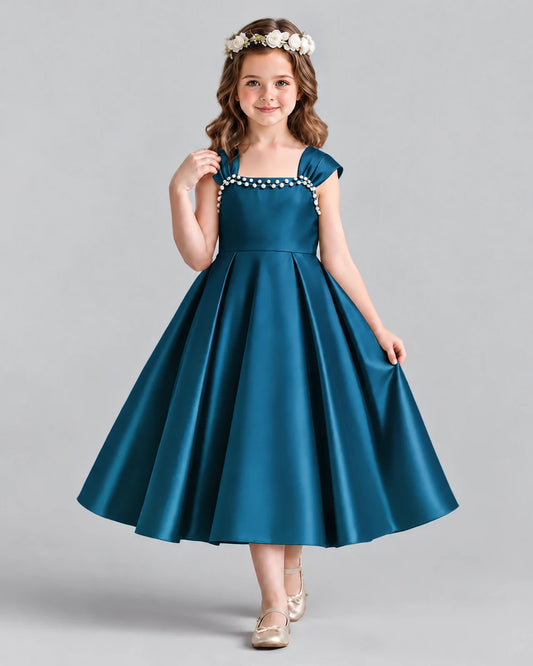 Teal Satin A-line Girls Formal Dress Front View