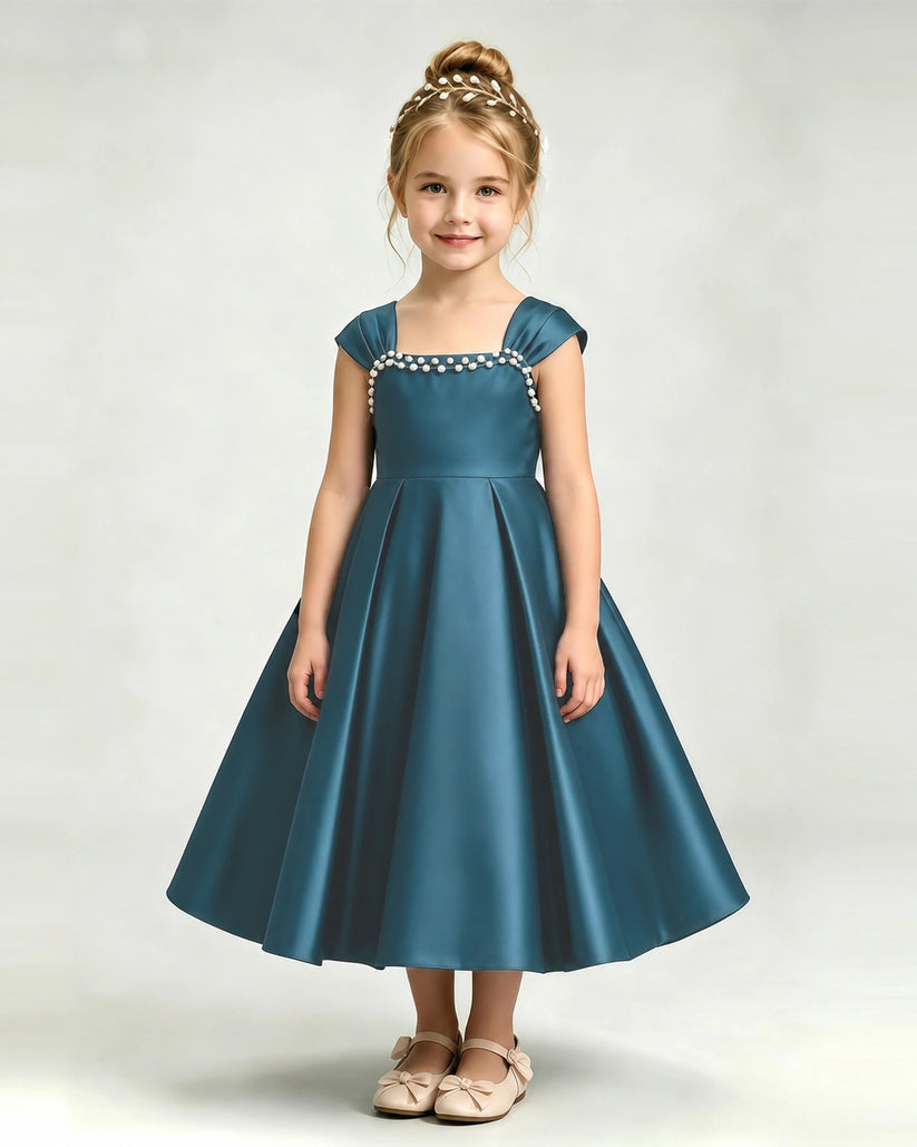 Teal Satin A-line Girls Formal Dress Front View