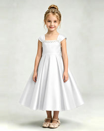 Dideyttawl Champagne Girls Formal Dress Cap Sleeve Pearl Satin Midi Ball Gown