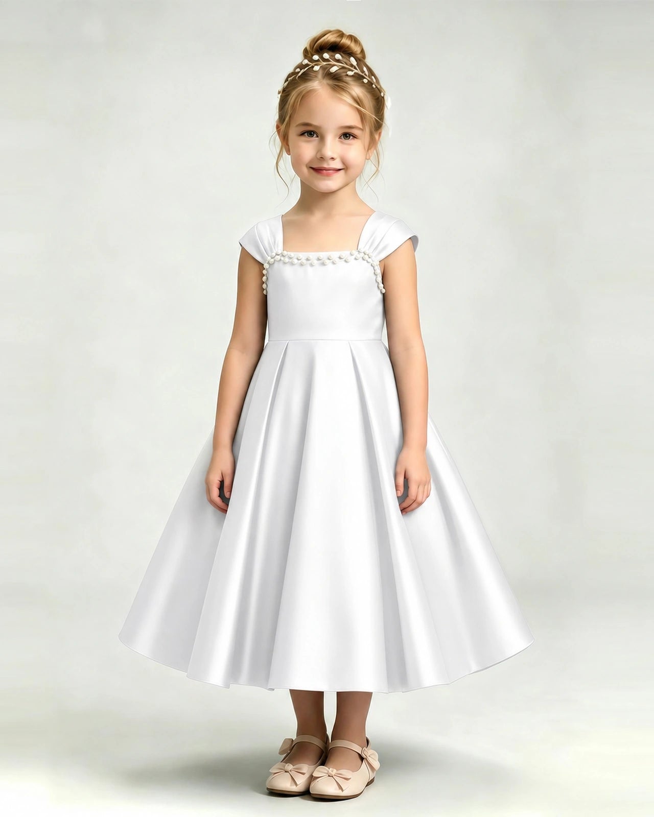 Dideyttawl Champagne Girls Formal Dress Cap Sleeve Pearl Satin Midi Ball Gown