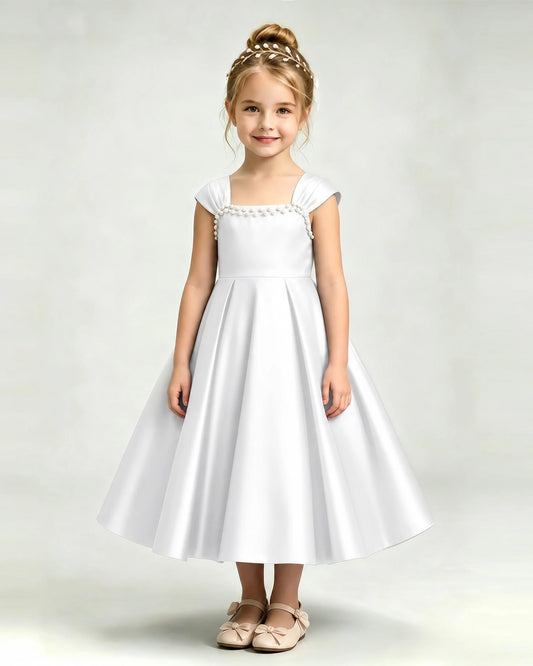 White Satin A-line Girls Formal Dress Front View