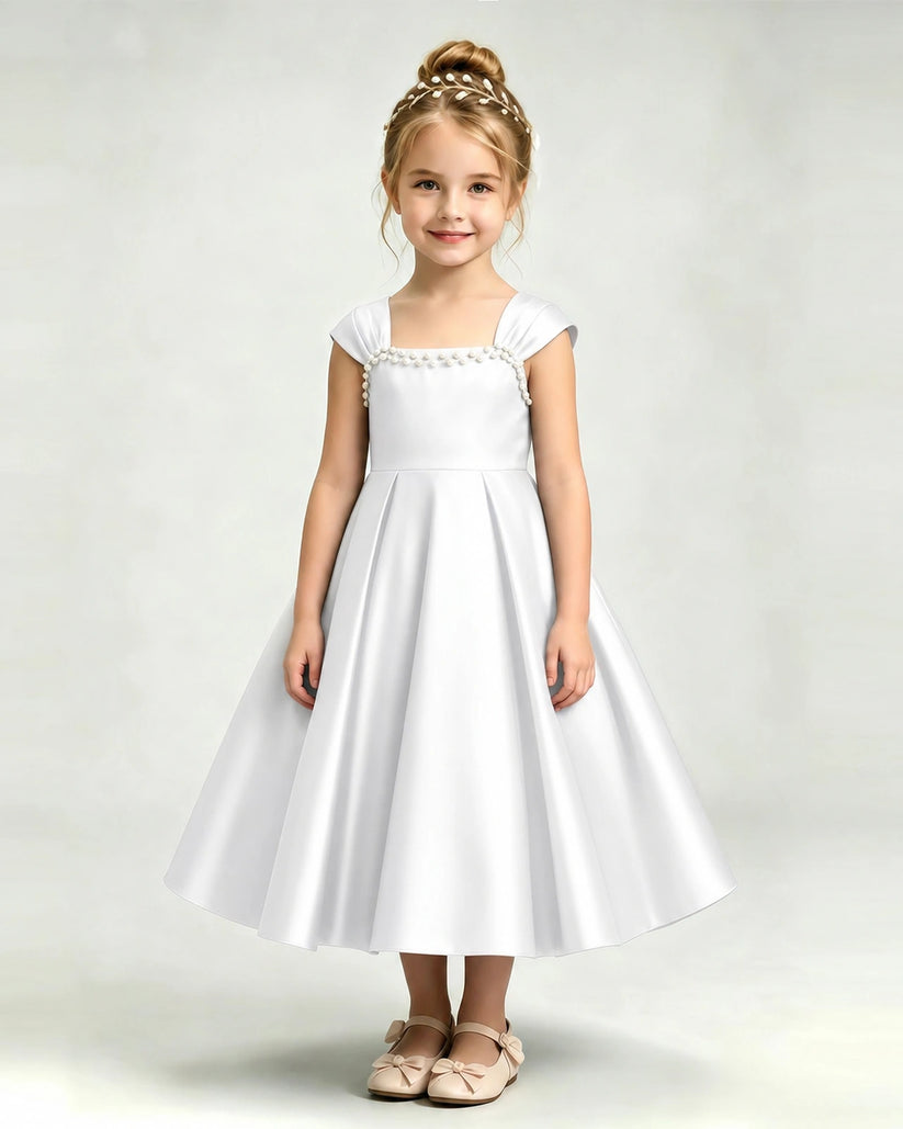 White Satin A-line Girls Formal Dress Front View